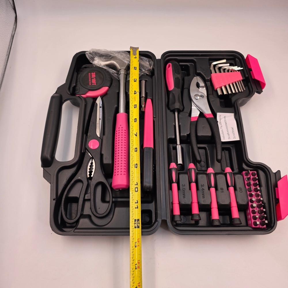 Pink and Black 39 Piece Home Tool Kit with Carrying Case DIY Household Set L4 - Picture 3 of 16